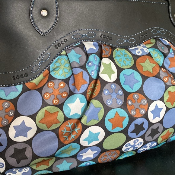 Soco shoulder bag stars, snowflakes ❄️ nylon /black leather! Blue stitching! - Picture 3 of 16